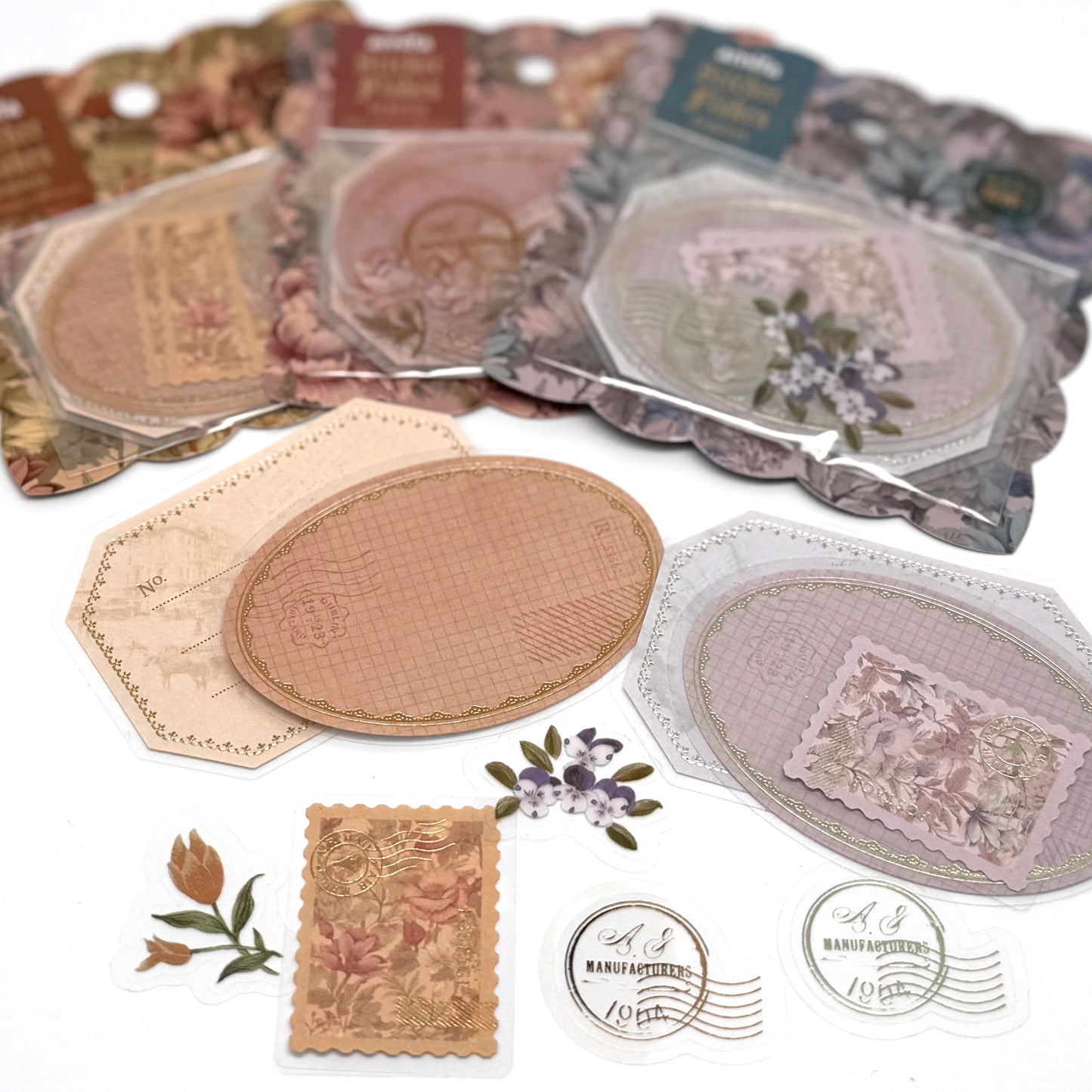 Blumen & Etiketten im Retro-Stil - Papier/Folien Etiketten/Sticker