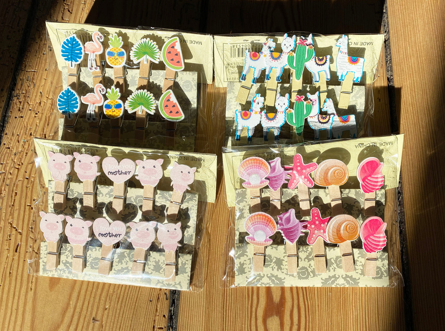 Holzklammern Miniklammern Lama, Alpacca, Muschel, Flamingo,  10er Set