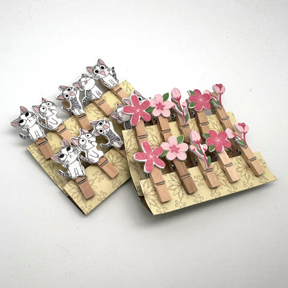 Katzen / Blumen - Clip Holzklammern Miniklammern, Pegs