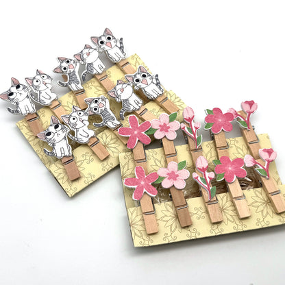Katzen / Blumen - Clip Holzklammern Miniklammern, Pegs