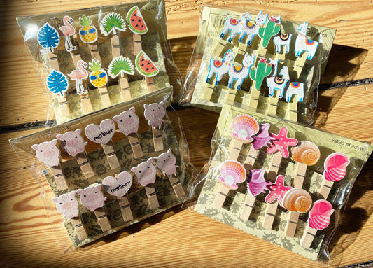 Holzklammern Miniklammern Lama, Alpacca, Muschel, Flamingo,  10er Set