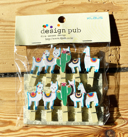 Holzklammern Miniklammern Lama, Alpacca, Muschel, Flamingo,  10er Set